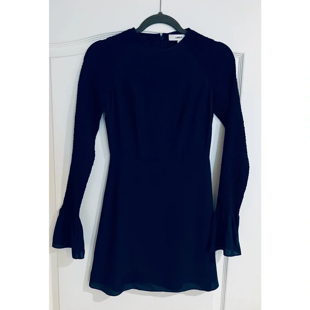 NWT Likely Victoria Smocked Bell Sleeve Mini Dress - Navy Size 0 - Picture 1 of 7